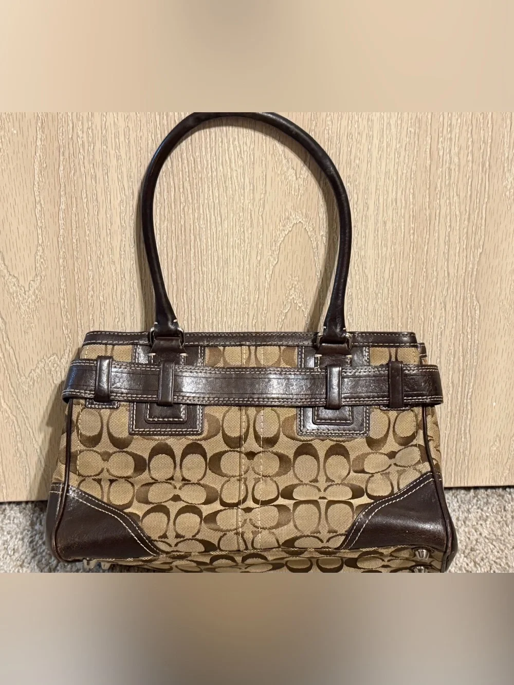 Coach Signature Jacquard Brown Leather Buckle Satchel Handbag Y2K Vintage